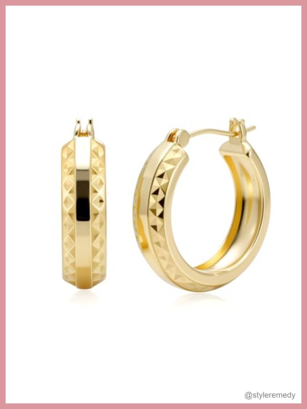 14K Gold Hoop Earrings for Women 25mm Trendy Mesh Engraved Clip-Top